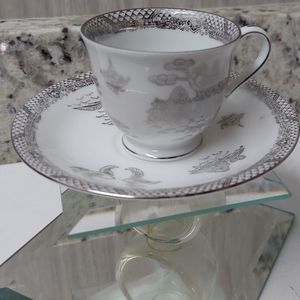 Wako China Japan White Silver Teacup & Saucer